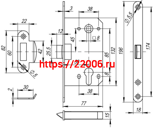 Корпус Fuaro (Фуаро) врезного замка c защёлкой PLASTP85C-50 (P85C-50) SN матовый никель фото 3