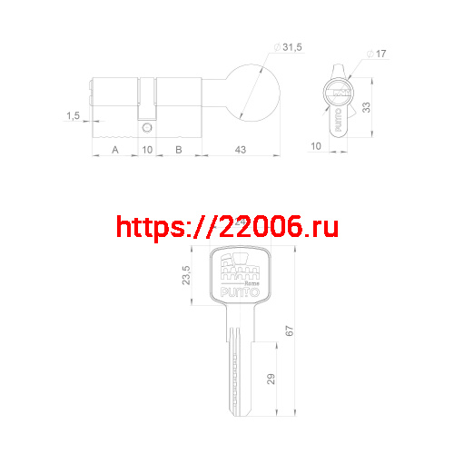 Цилиндровый Punto (Пунто) механизм Z3002Knob110(45+10+55) с вертушкой CP хром фото 3 Цилиндровый Punto (Пунто) механизм Z3002Knob110(45+10+55) с вертушкой CP хром фото 3